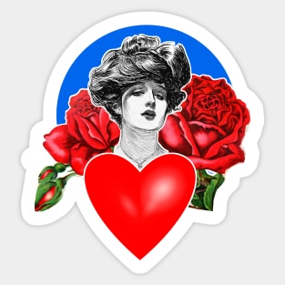 Woman face with red roses and heart. Sticker